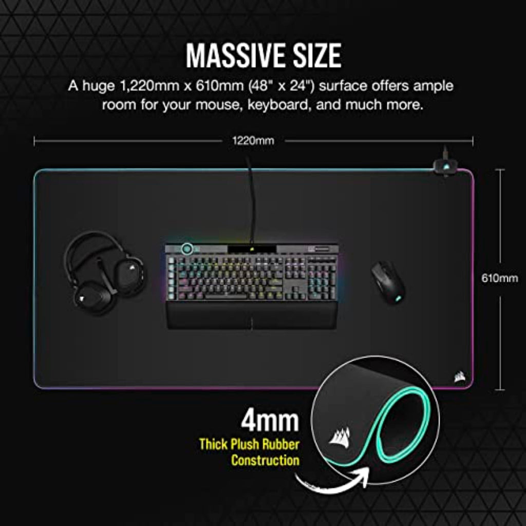 Corsair MM700 RGB Extended Cloth Gaming Mouse Pad - 36.6" x 15.8" - 360° RGB Lighting - Two USB Port Hub - Thick Rubber - Black