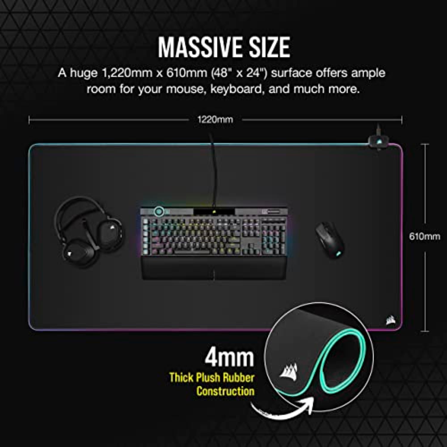 Corsair MM700 RGB Extended Cloth Gaming Mouse Pad - 36.6" x 15.8" - 360° RGB Lighting - Two USB Port Hub - Thick Rubber - Black