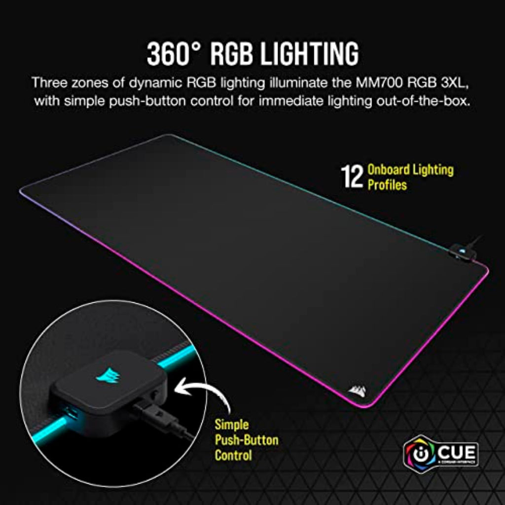 Corsair MM700 RGB Extended Cloth Gaming Mouse Pad - 36.6" x 15.8" - 360° RGB Lighting - Two USB Port Hub - Thick Rubber - Black