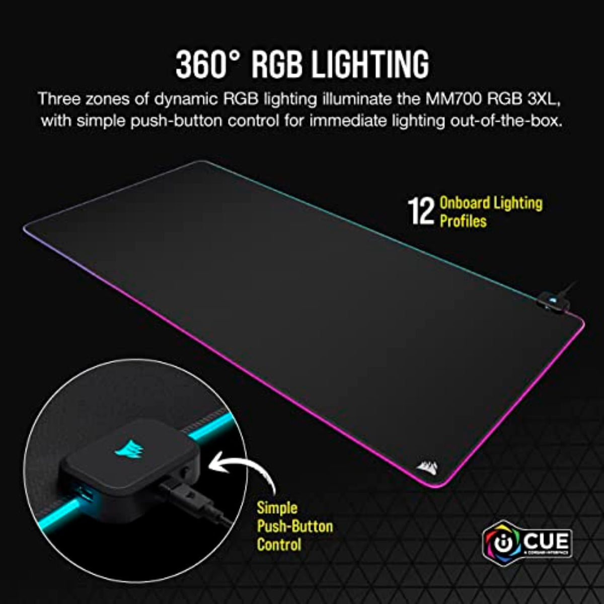 Corsair MM700 RGB Extended Cloth Gaming Mouse Pad - 36.6" x 15.8" - 360° RGB Lighting - Two USB Port Hub - Thick Rubber - Black