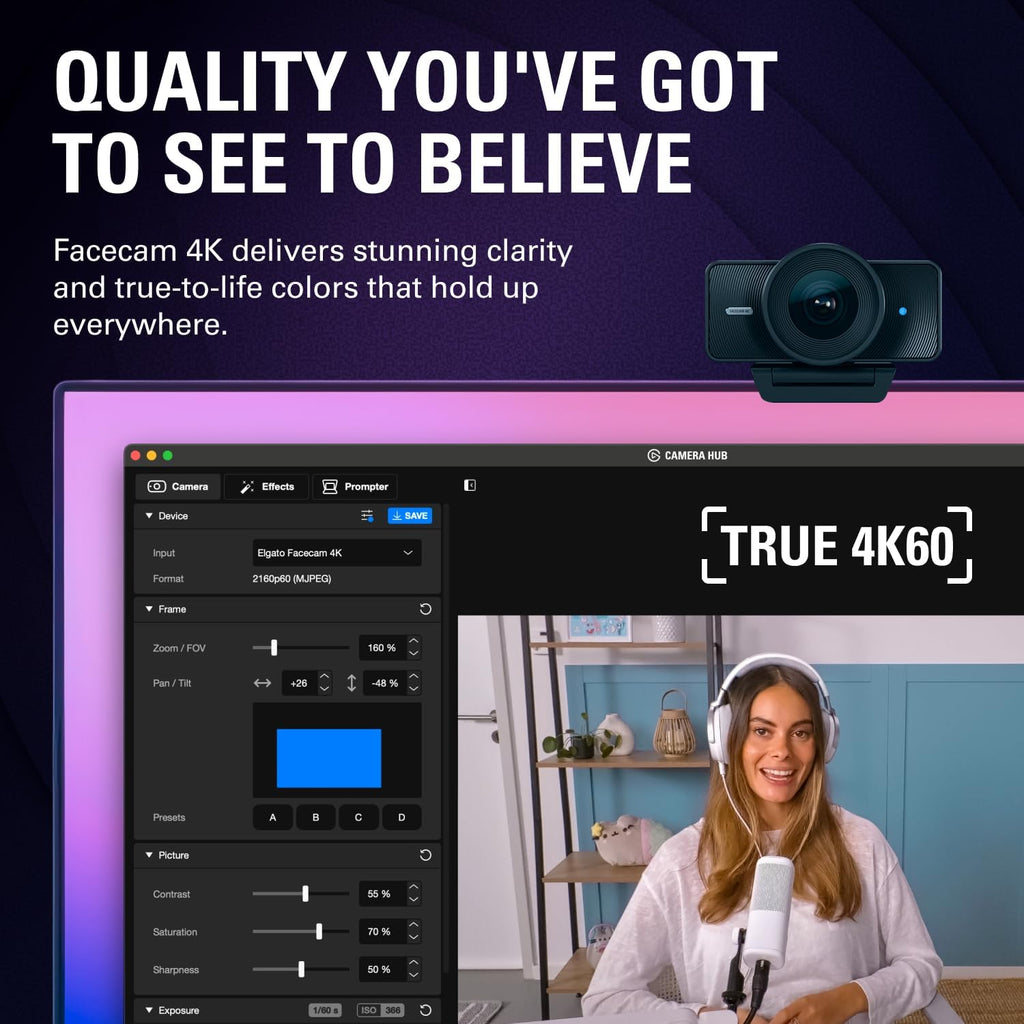 Elgato Facecam 4K, 4K60 Studio Webcam, DSLR-Like Control