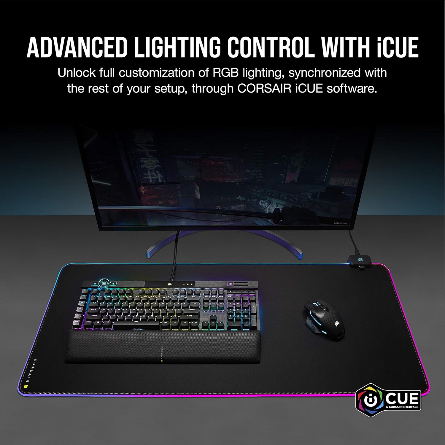 Corsair MM700 RGB Extended Cloth Gaming Mouse Pad - 36.6" x 15.8" - 360° RGB Lighting - Two USB Port Hub - Thick Rubber - Black