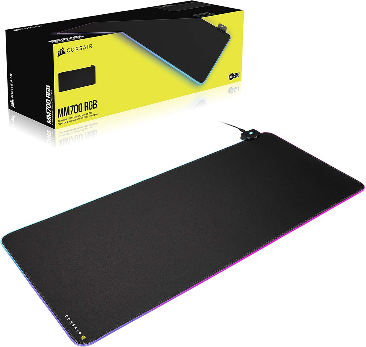 Corsair MM700 RGB Extended Cloth Gaming Mouse Pad - 36.6" x 15.8" - 360° RGB Lighting - Two USB Port Hub - Thick Rubber - Black