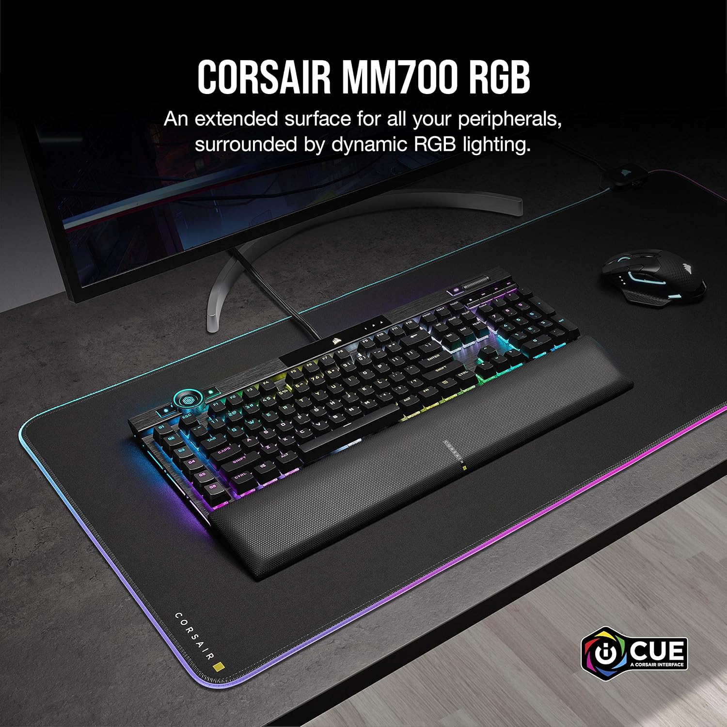 Corsair MM700 RGB Extended Cloth Gaming Mouse Pad - 36.6" x 15.8" - 360° RGB Lighting - Two USB Port Hub - Thick Rubber - Black