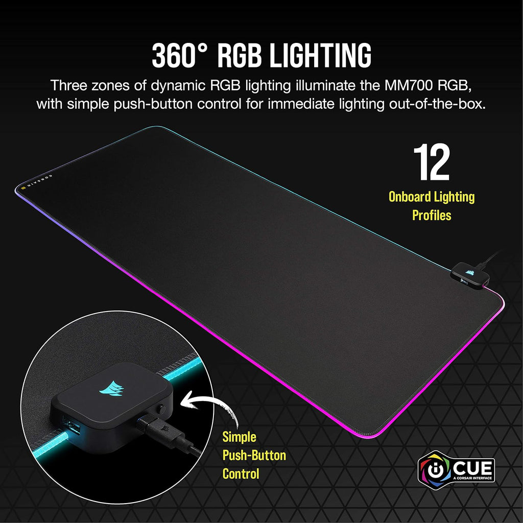 Corsair MM700 RGB Extended Cloth Gaming Mouse Pad - 36.6" x 15.8" - 360° RGB Lighting - Two USB Port Hub - Thick Rubber - Black