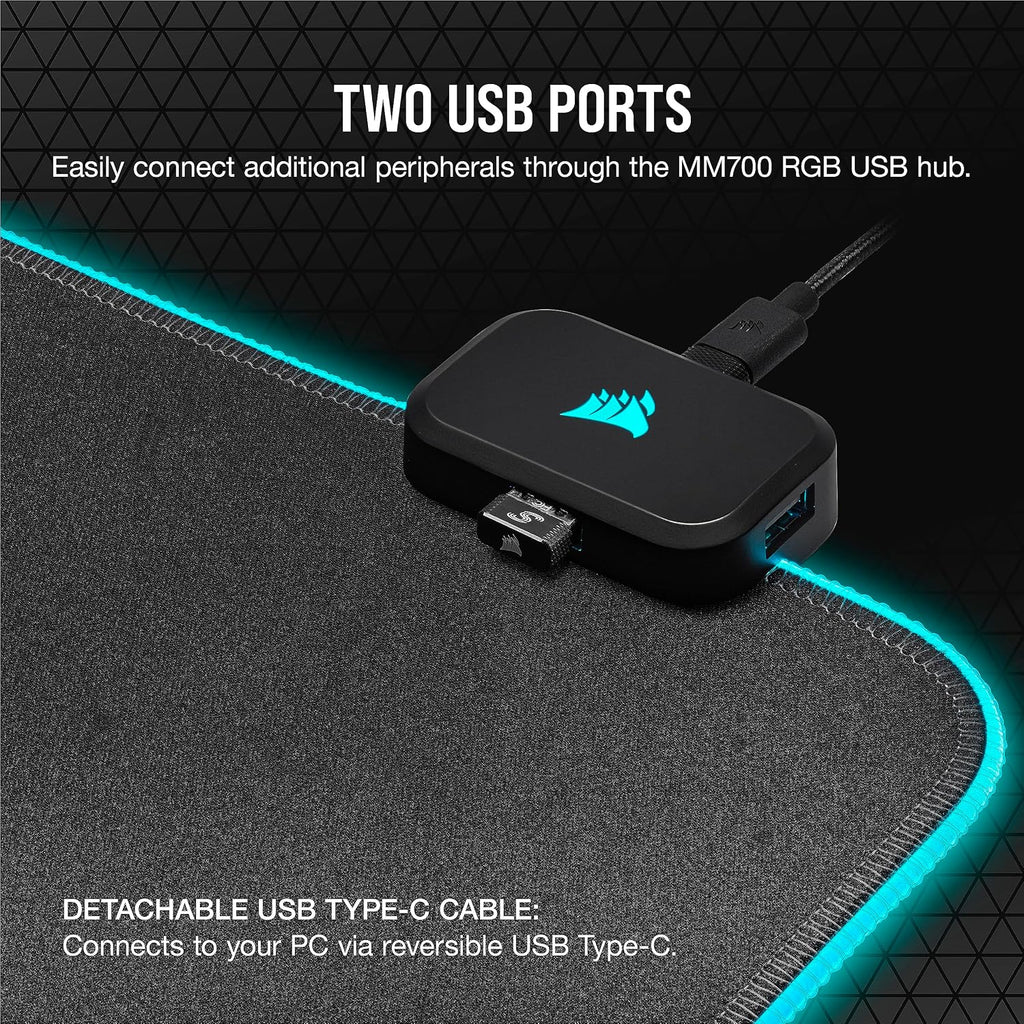 Corsair MM700 RGB Extended Cloth Gaming Mouse Pad - 36.6" x 15.8" - 360° RGB Lighting - Two USB Port Hub - Thick Rubber - Black